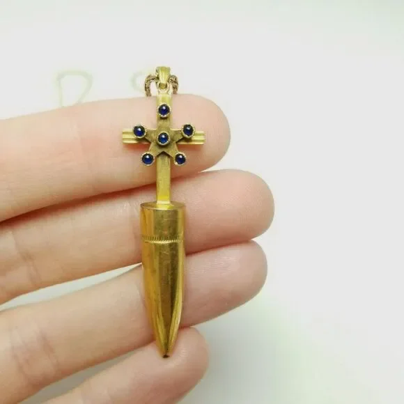 Vintage Trench Art Style Cross Pendant Necklace, Bullet Gold Tone, Chain, Estate